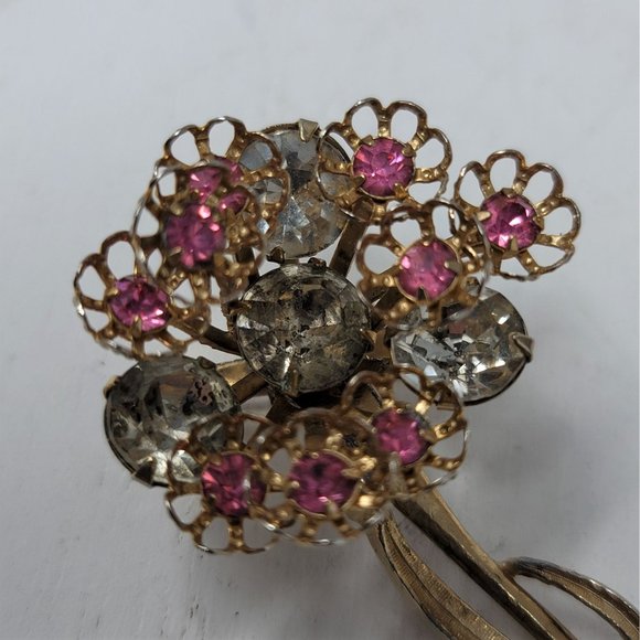 Sweet Vintage Flower Pin Brooch Pink Rhinestones - Picture 2 of 8